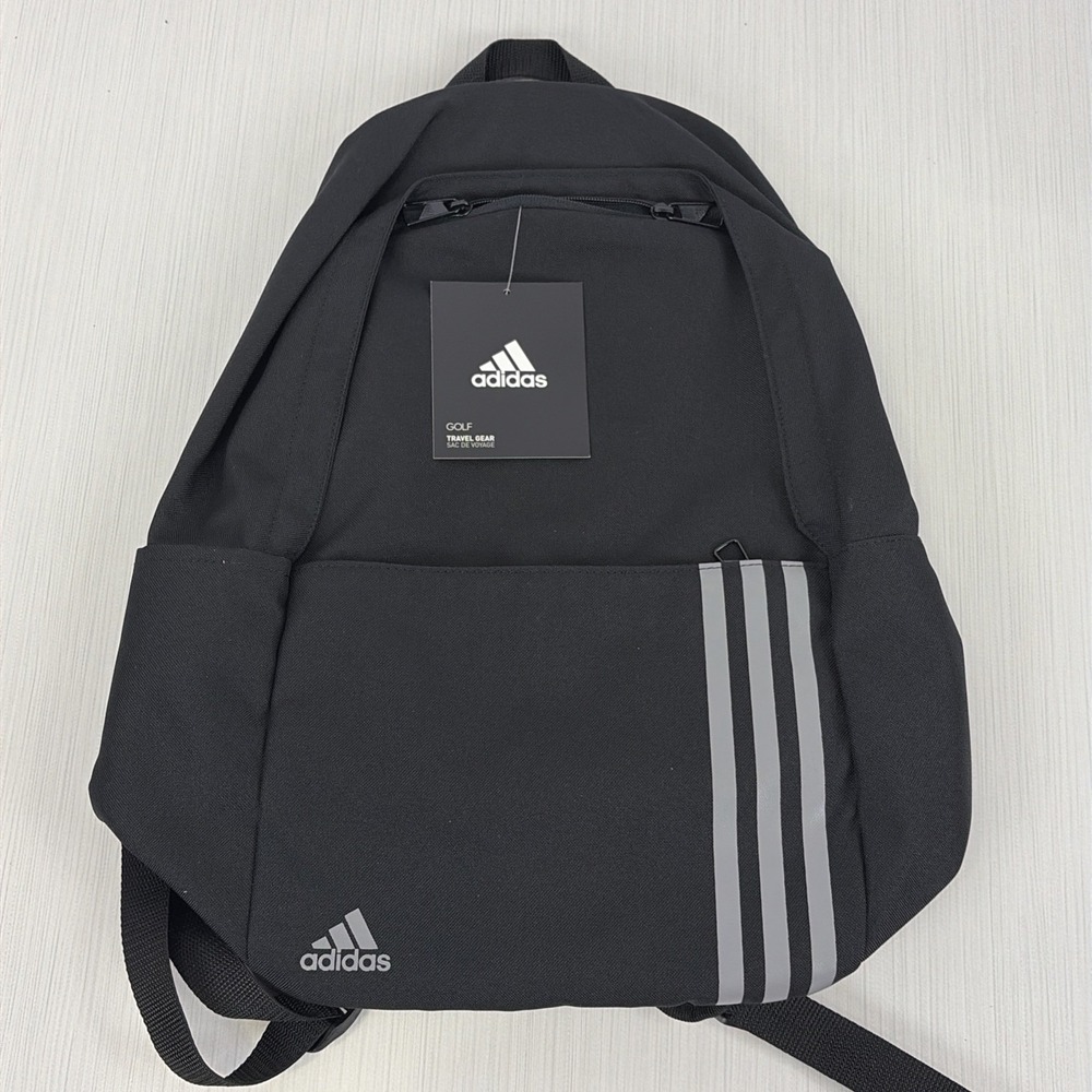 Adidas Golf Medium Black Backpack Bag 3 Gray Stripe DW9445 NWT